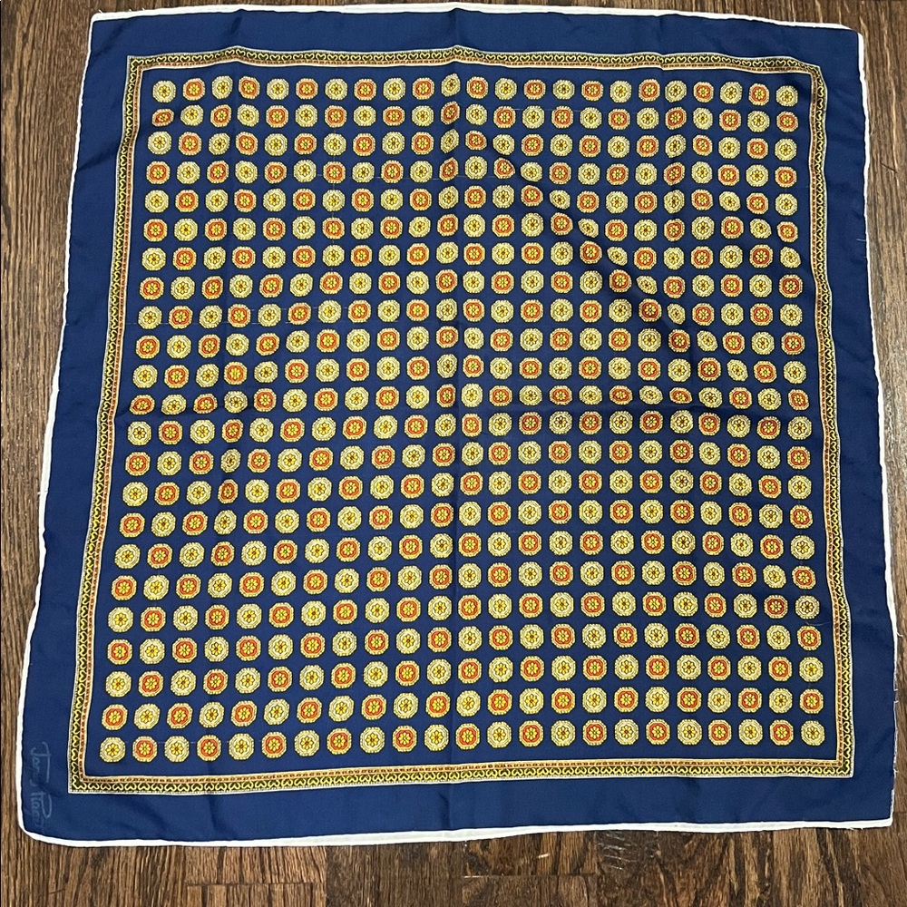 Jacques Piaget Vintage Silk Scarf – Navy & Gold Medallion Print